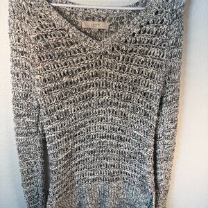 Loft Open Crochet Sweater V Neck White Black SZ‎ XS Long Sleeves